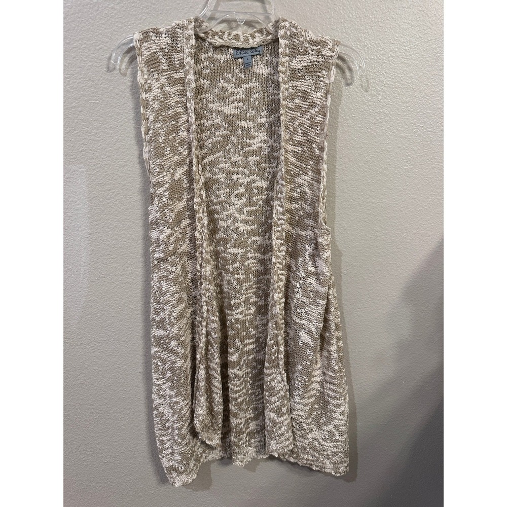 Olivia Sky Womens Large Sweater Vest Sleeveless Knit Open Front Beige Casual‎